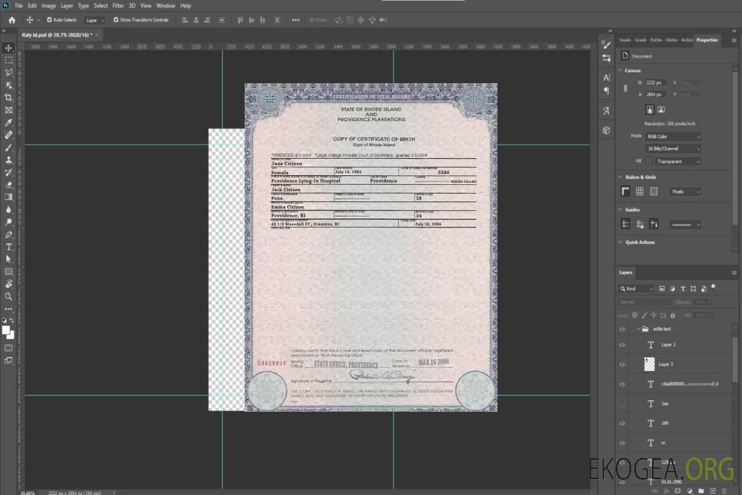 Modèle de certificat de naissance de l'État du Rhode Island aux États-Unis au format PSD template